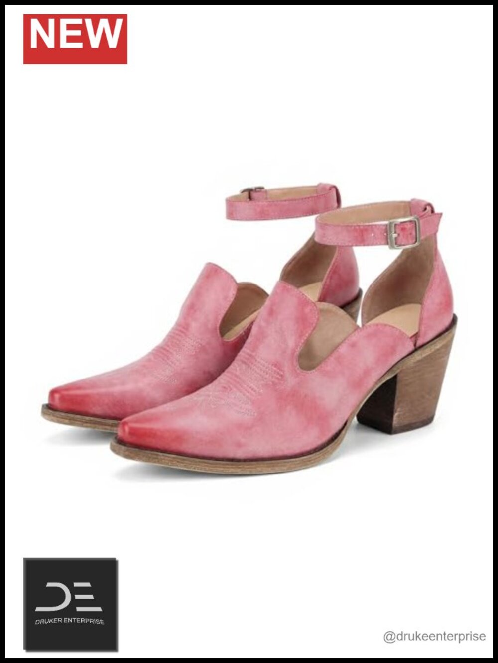 Cowgirl Heels with Ankle Strap Pointed Toe Stacked Heel Women's Booties